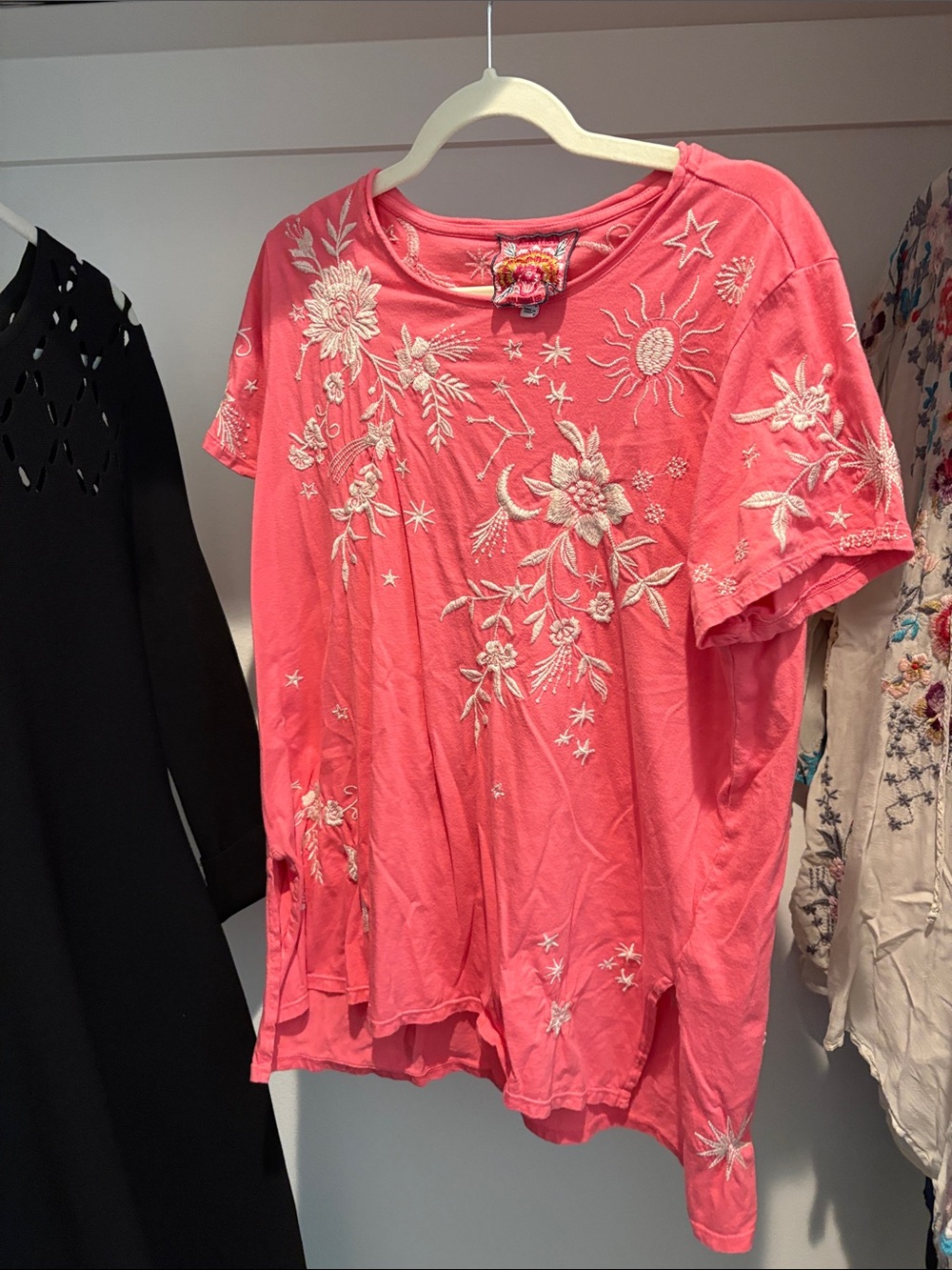 Johnny Was Coral Pink Floral & Celestial Embroidered Short Sleeve Tee